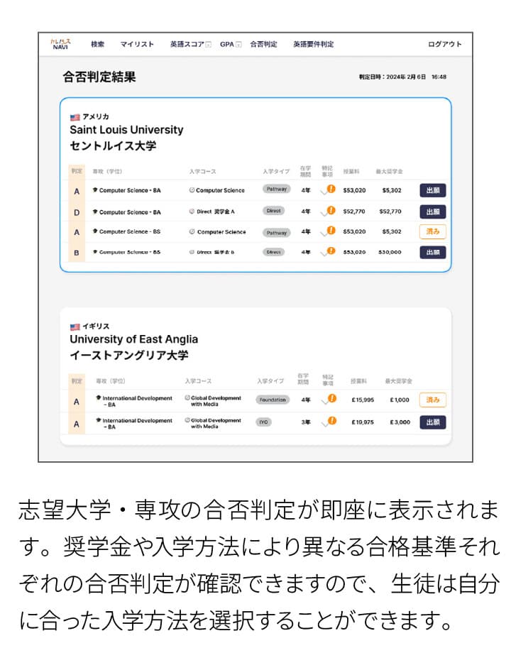 カレパス NAVI の合否判定画面 2